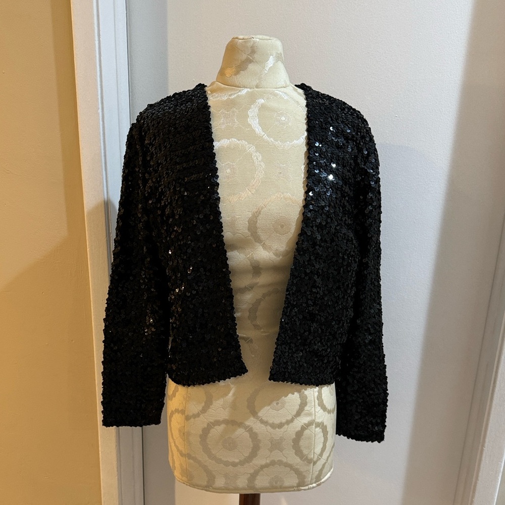 Vintage Sequins Black Cropped Open Front Bolero Lined Jacket M